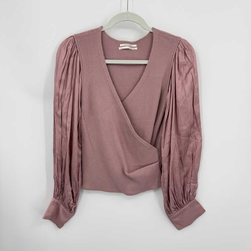 By‎ Anthropologie Twofer Faux-Wrap Sweater ribbed knit satin sleeves mauve M